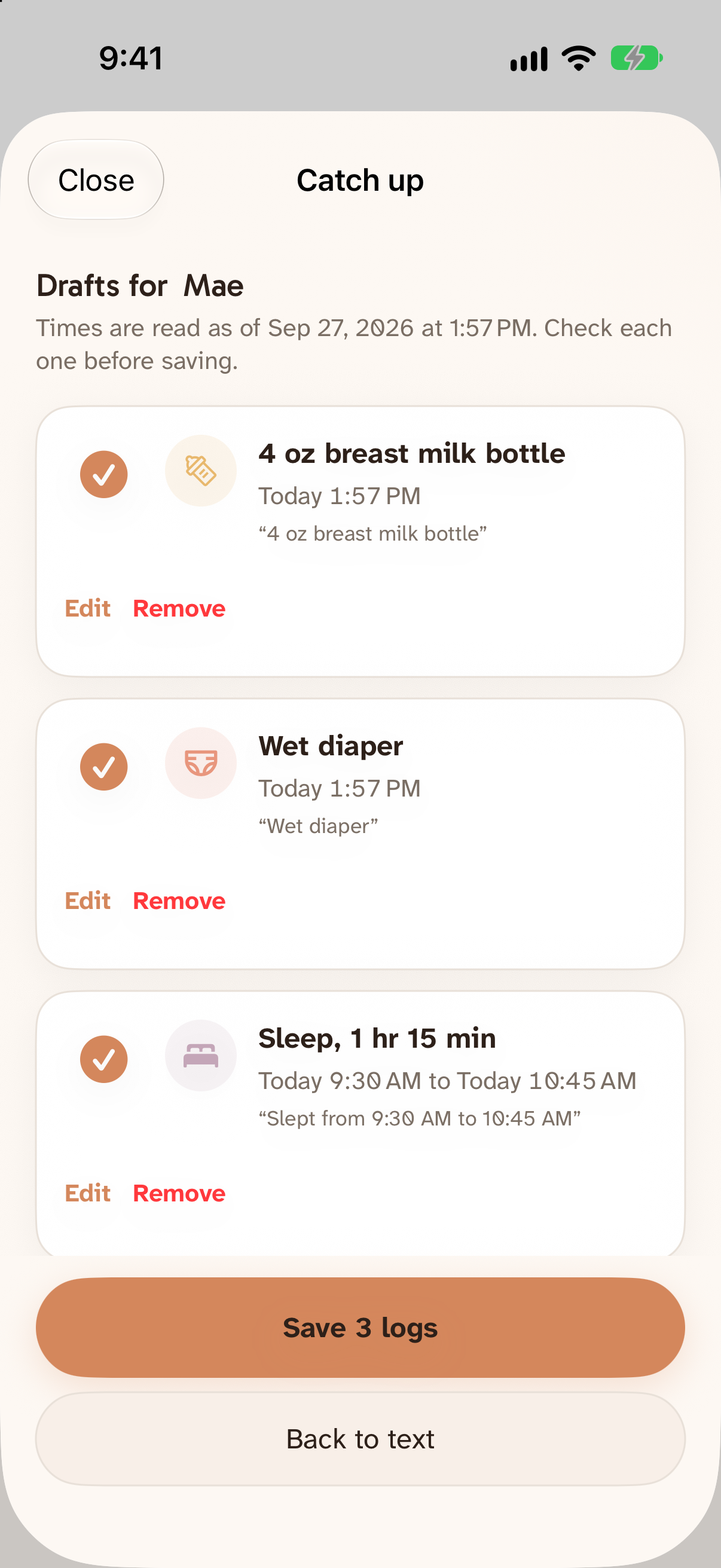 Catch-up logging with reviewed bottle, diaper, and sleep drafts for Mae