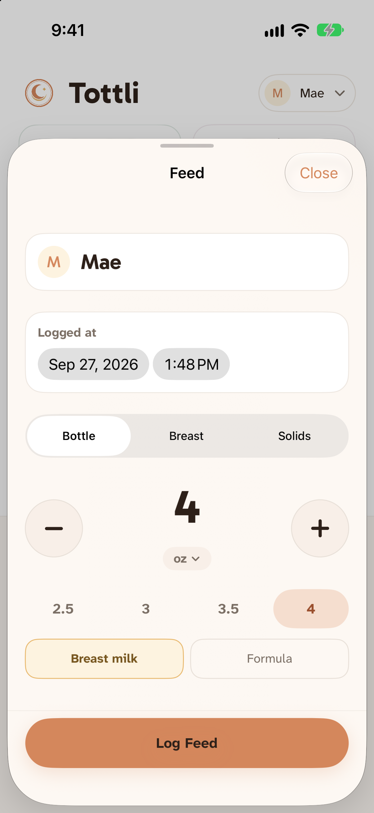 Bottle feeding form with Mae’s recent amount choices