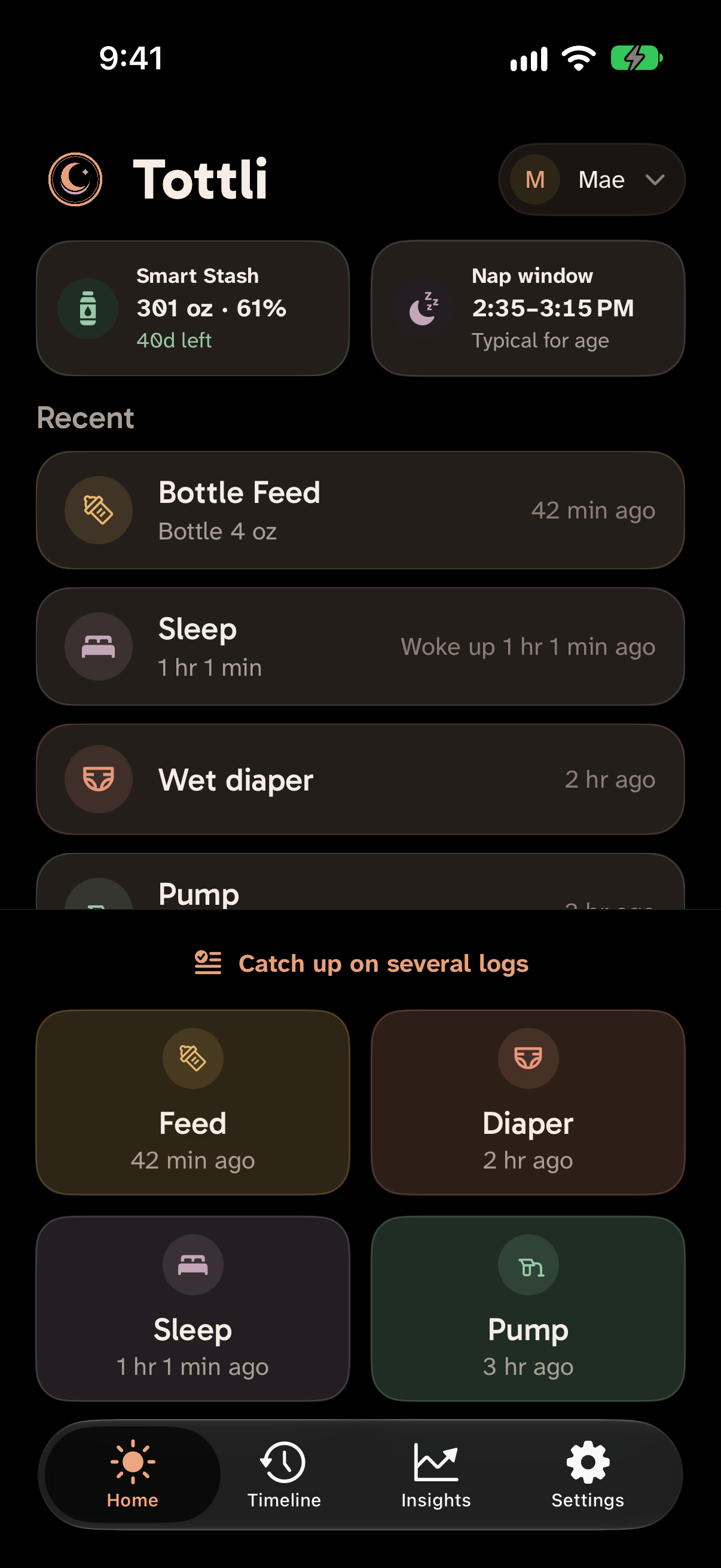 Tottli’s dark Home screen for nighttime care