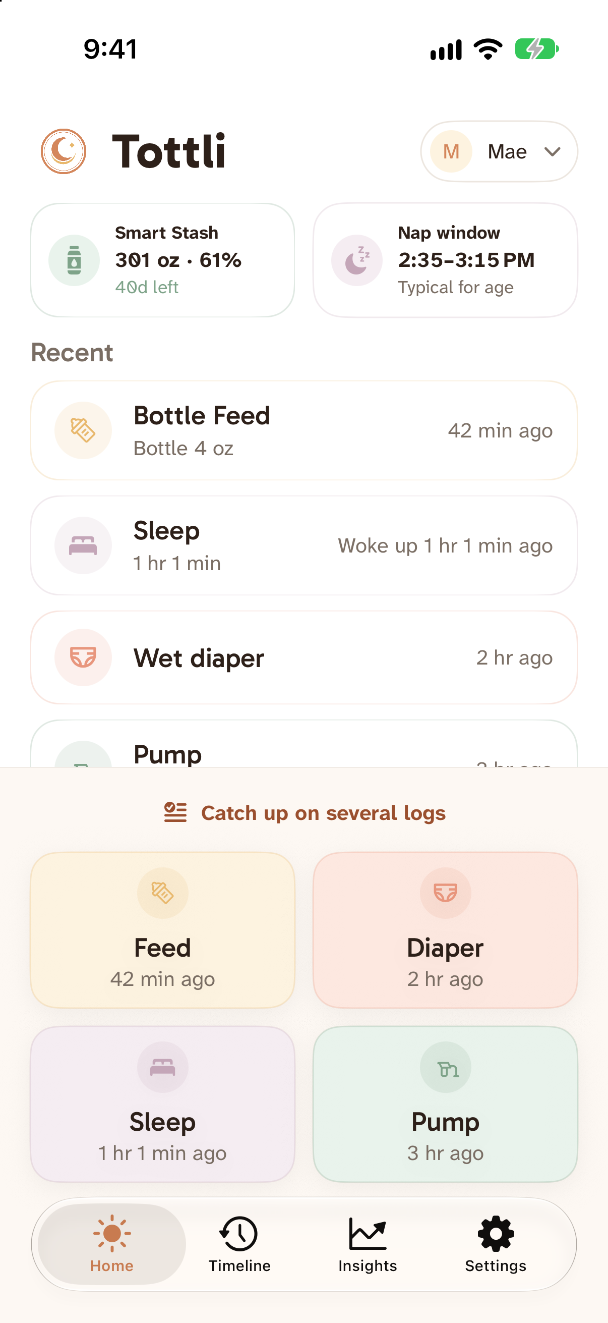 Mae’s day in Tottli, with recent care and quick logging controls