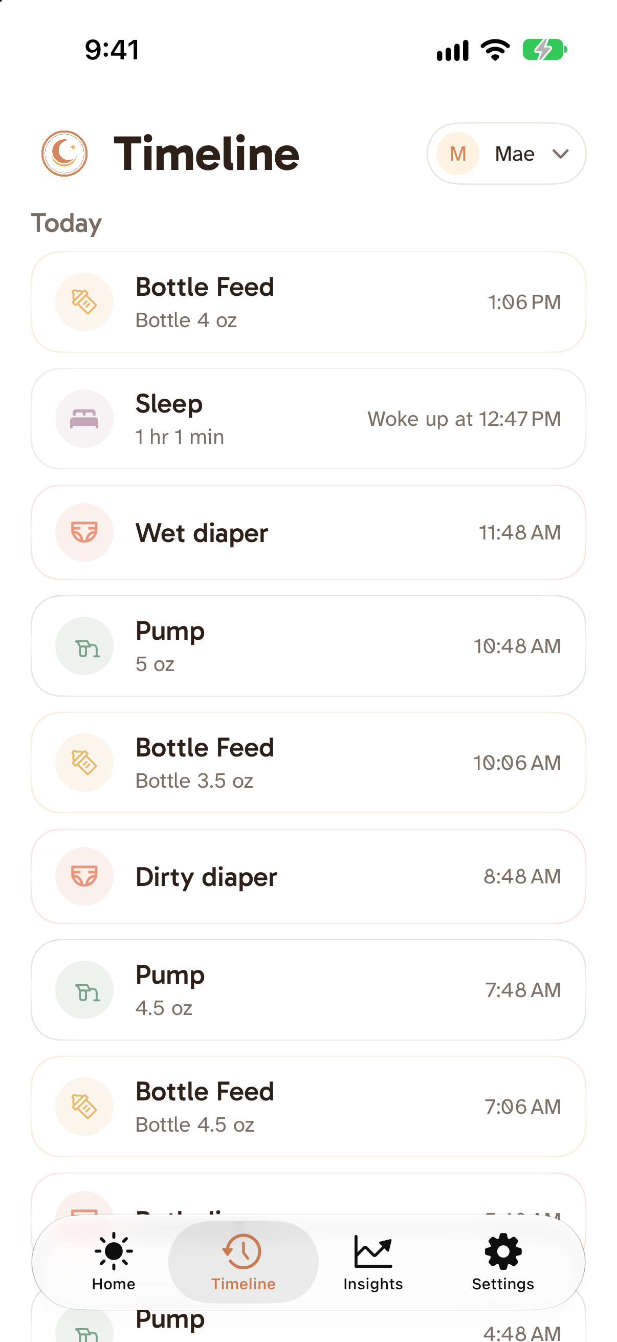 Mae’s activity history with feeds, sleep and diapers